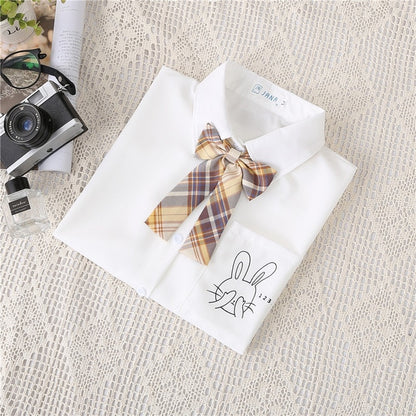 Preppy Style Women Blouses Shirts White Print Rabbit Turndown Collar Short Sleeve Summer Tops Female Blusas Lady Clothing #H59