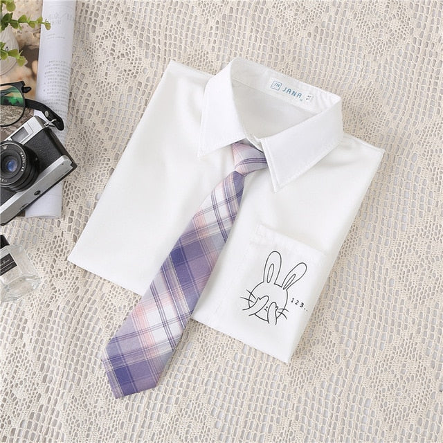 Preppy Style Women Blouses Shirts White Print Rabbit Turndown Collar Short Sleeve Summer Tops Female Blusas Lady Clothing #H59