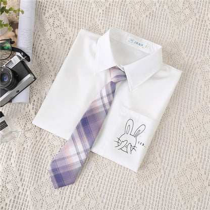 Preppy Style Women Blouses Shirts White Print Rabbit Turndown Collar Short Sleeve Summer Tops Female Blusas Lady Clothing #H59