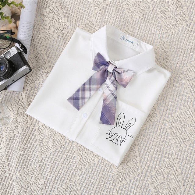 Preppy Style Women Blouses Shirts White Print Rabbit Turndown Collar Short Sleeve Summer Tops Female Blusas Lady Clothing #H59