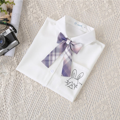 Preppy Style Women Blouses Shirts White Print Rabbit Turndown Collar Short Sleeve Summer Tops Female Blusas Lady Clothing #H59
