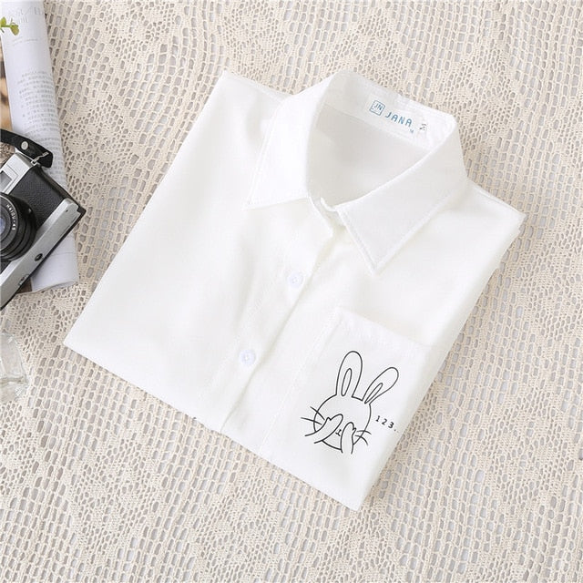 Preppy Style Women Blouses Shirts White Print Rabbit Turndown Collar Short Sleeve Summer Tops Female Blusas Lady Clothing #H59