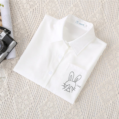 Preppy Style Women Blouses Shirts White Print Rabbit Turndown Collar Short Sleeve Summer Tops Female Blusas Lady Clothing #H59