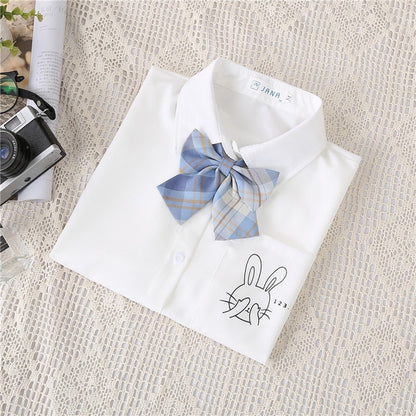 Preppy Style Women Blouses Shirts White Print Rabbit Turndown Collar Short Sleeve Summer Tops Female Blusas Lady Clothing #H59