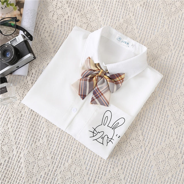 Preppy Style Women Blouses Shirts White Print Rabbit Turndown Collar Short Sleeve Summer Tops Female Blusas Lady Clothing #H59