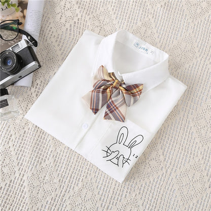 Preppy Style Women Blouses Shirts White Print Rabbit Turndown Collar Short Sleeve Summer Tops Female Blusas Lady Clothing #H59