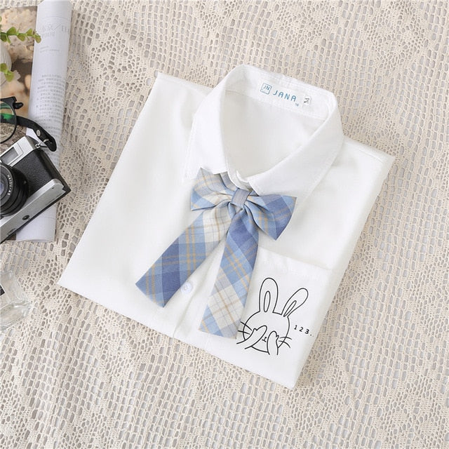 Preppy Style Women Blouses Shirts White Print Rabbit Turndown Collar Short Sleeve Summer Tops Female Blusas Lady Clothing #H59