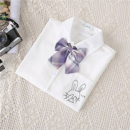 Preppy Style Women Blouses Shirts White Print Rabbit Turndown Collar Short Sleeve Summer Tops Female Blusas Lady Clothing #H59