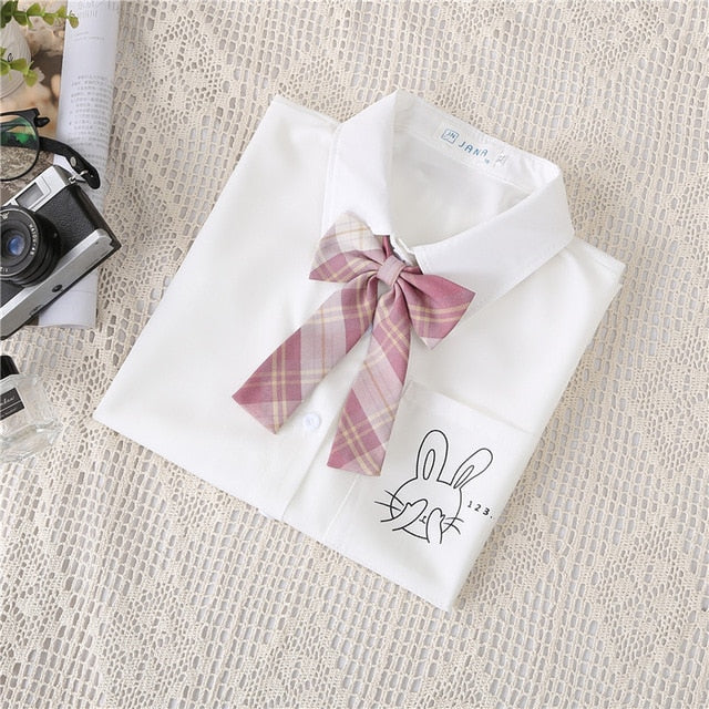 Preppy Style Women Blouses Shirts White Print Rabbit Turndown Collar Short Sleeve Summer Tops Female Blusas Lady Clothing #H59
