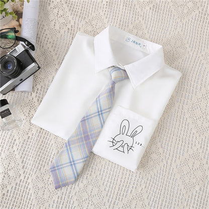 Preppy Style Women Blouses Shirts White Print Rabbit Turndown Collar Short Sleeve Summer Tops Female Blusas Lady Clothing #H59