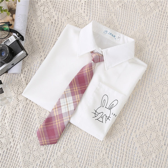Preppy Style Women Blouses Shirts White Print Rabbit Turndown Collar Short Sleeve Summer Tops Female Blusas Lady Clothing #H59