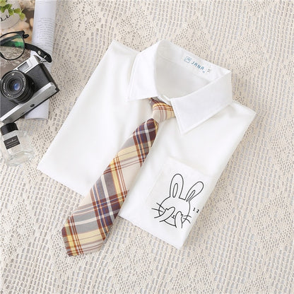 Preppy Style Women Blouses Shirts White Print Rabbit Turndown Collar Short Sleeve Summer Tops Female Blusas Lady Clothing #H59
