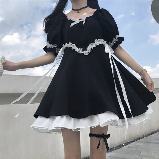 QWEEK Gothic Lolita Đầm Mềm Bé Gái Sweet Lolita Phong Cách Kawaii Dễ Thương Thắt Dây Tay Phồng Đầm Công Chúa Cổ Tích Goth đầm 2021