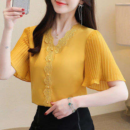 S-3XL Summer 2021 New Chiffon shirt Flare sleeve Lace Tops V-neck White Casual Women blouse Plus size