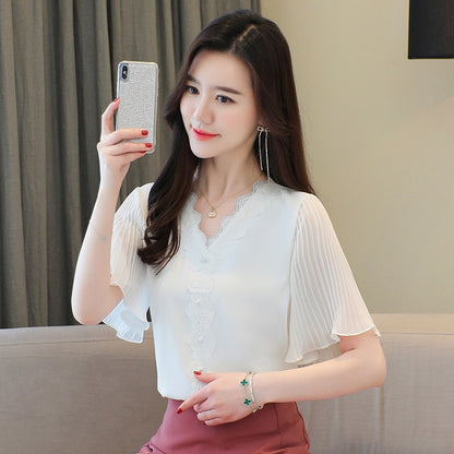 S-3XL Summer 2021 New Chiffon shirt Flare sleeve Lace Tops V-neck White Casual Women blouse Plus size