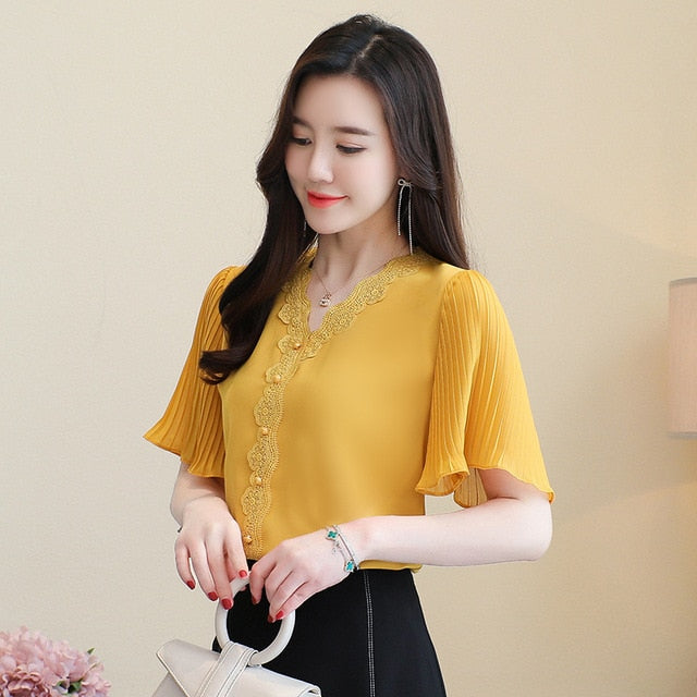 S-3XL Summer 2021 New Chiffon shirt Flare sleeve Lace Tops V-neck White Casual Women blouse Plus size