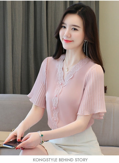 S-3XL Summer 2021 New Chiffon shirt Flare sleeve Lace Tops V-neck White Casual Women blouse Plus size