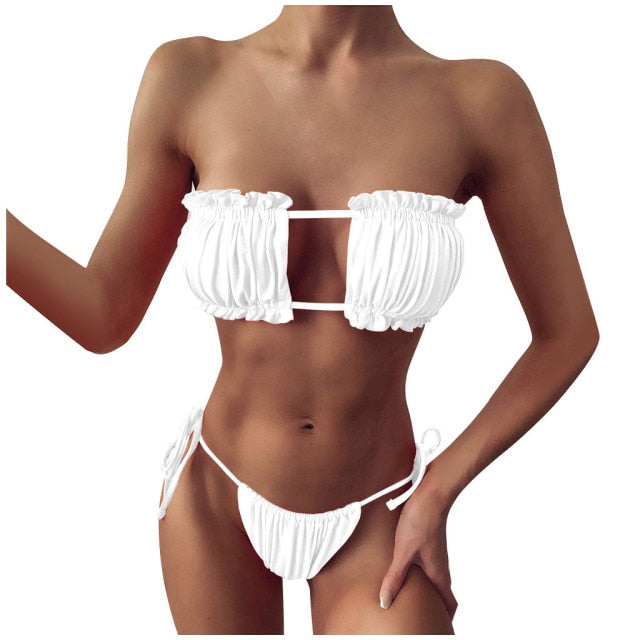 Sexy Bikini 2021 Pleated Bandeau Swimsuit Female Swimwear Women Mini Thong Bikini Set Bather Swimming Beachwear #G2