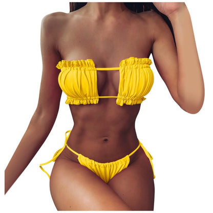 Sexy Bikini 2021 Pleated Bandeau Swimsuit Female Swimwear Women Mini Thong Bikini Set Bather Swimming Beachwear #G2