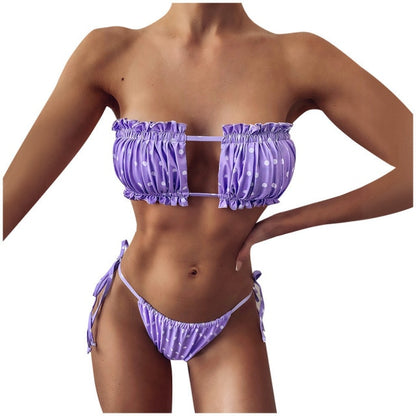 Sexy Bikini 2021 Pleated Bandeau Swimsuit Female Swimwear Women Mini Thong Bikini Set Bather Swimming Beachwear #G2