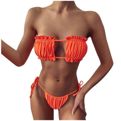 Sexy Bikini 2021 Pleated Bandeau Swimsuit Female Swimwear Women Mini Thong Bikini Set Bather Swimming Beachwear #G2