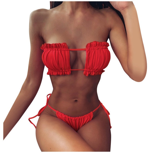 Sexy Bikini 2021 Pleated Bandeau Swimsuit Female Swimwear Women Mini Thong Bikini Set Bather Swimming Beachwear #G2