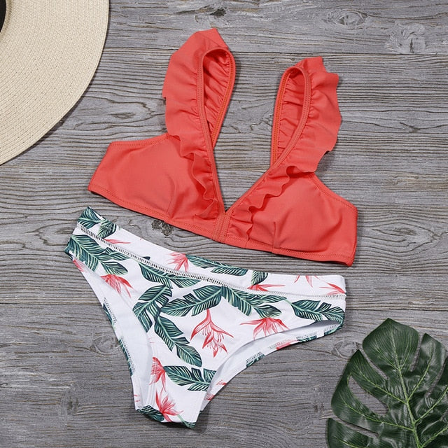 Sexy Push-up Bikini Sets Yellow Floral Plant Print Women Boho V-neck Two Pieces Swimsuits 2021Girl Beach Bathing Suit Swimwear