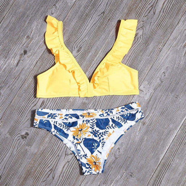 Sexy Push-up Bikini Sets Yellow Floral Plant Print Women Boho V-neck Two Pieces Swimsuits 2021Girl Beach Bathing Suit Swimwear