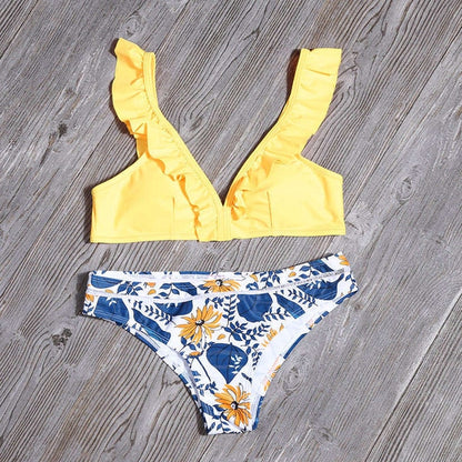 Sexy Push-up Bikini Sets Yellow Floral Plant Print Women Boho V-neck Two Pieces Swimsuits 2021Girl Beach Bathing Suit Swimwear