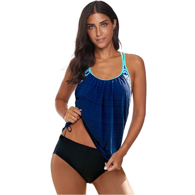 Side Ruched Splicing Two-Piece Tankini Set Women's Blouson Striped Printed Strappy T-Back Push up Swimming Suit TT@88