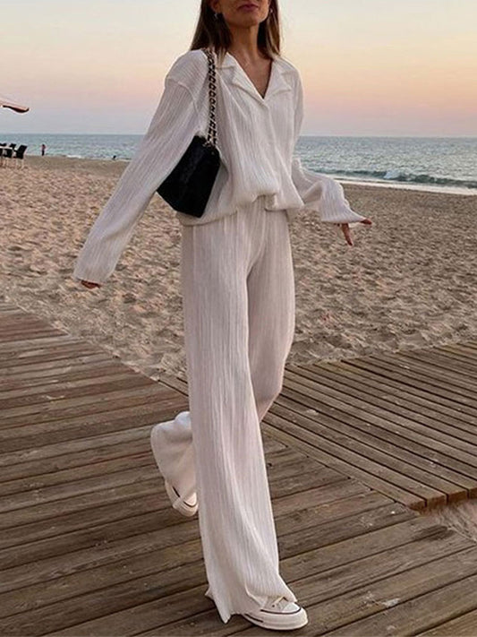 Spring Women&#39;s Shirt Pleated Two Piece Set Loose High Waist Wide Leg Pants Suit 2022 Casual Elegant Office Ladies Female Outfit