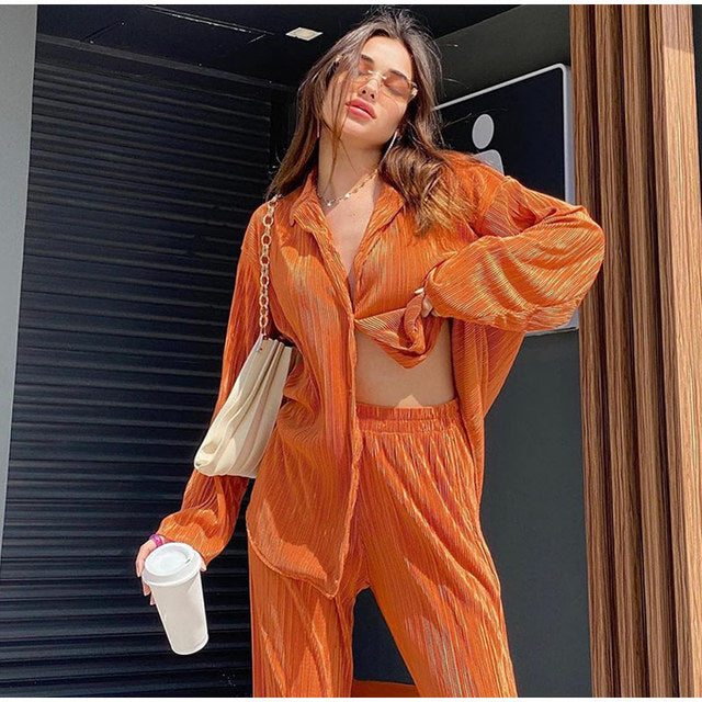 Spring Women&#39;s Shirt Pleated Two Piece Set Loose High Waist Wide Leg Pants Suit 2022 Casual Elegant Office Ladies Female Outfit