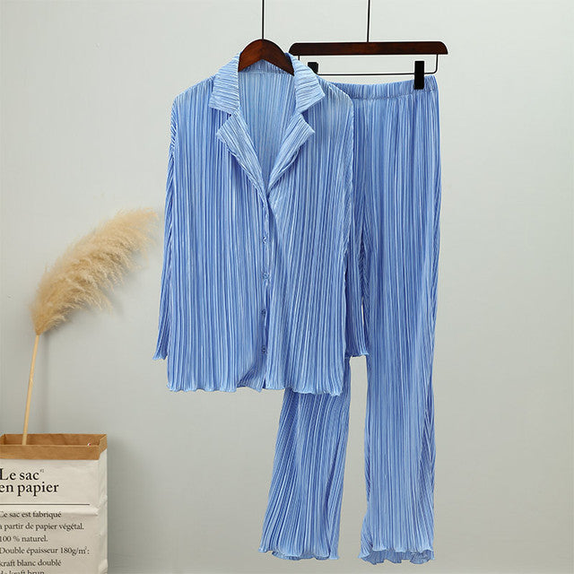 Spring Women&#39;s Shirt Pleated Two Piece Set Loose High Waist Wide Leg Pants Suit 2022 Casual Elegant Office Ladies Female Outfit