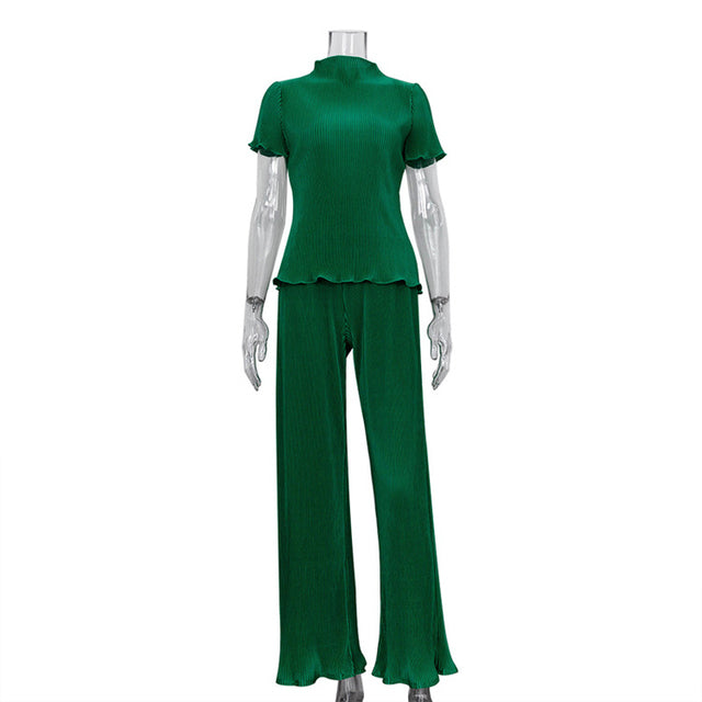 Spring Women&#39;s Shirt Pleated Two Piece Set Loose High Waist Wide Leg Pants Suit 2022 Casual Elegant Office Ladies Female Outfit