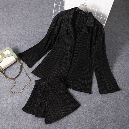 Spring Women&#39;s Shirt Pleated Two Piece Set Loose High Waist Wide Leg Pants Suit 2022 Casual Elegant Office Ladies Female Outfit