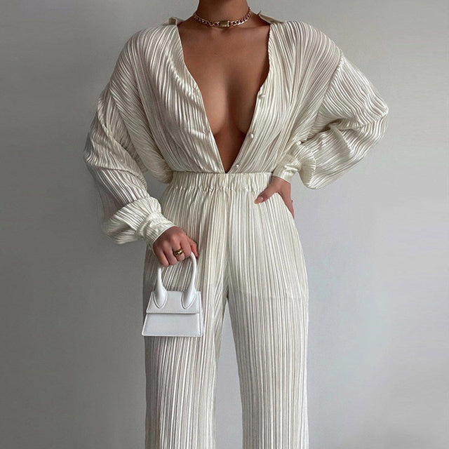 Spring Women&#39;s Shirt Pleated Two Piece Set Loose High Waist Wide Leg Pants Suit 2022 Casual Elegant Office Ladies Female Outfit