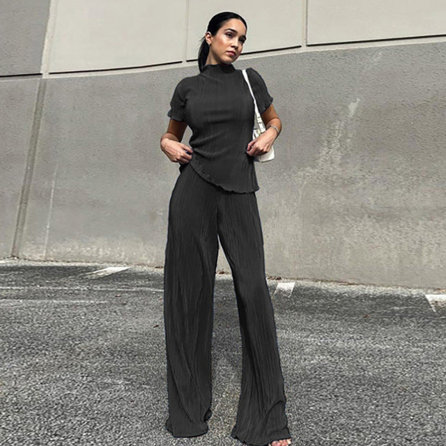 Spring Women&#39;s Shirt Pleated Two Piece Set Loose High Waist Wide Leg Pants Suit 2022 Casual Elegant Office Ladies Female Outfit