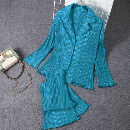 Spring Women&#39;s Shirt Pleated Two Piece Set Loose High Waist Wide Leg Pants Suit 2022 Casual Elegant Office Ladies Female Outfit