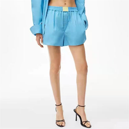 Summer new lapel single-breasted small pocket long-sleeved shirt shorts suit big-name women&#39;s simple embroidered casual shorts