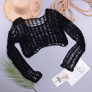 Swimsuit Female Bikini Crochet Beach Split Swimsuit Fishnet Hollow Out Mesh Bikini Cover Up Long Sleeve Boho Beachwear