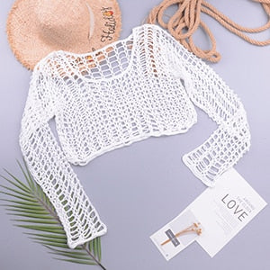 Swimsuit Female Bikini Crochet Beach Split Swimsuit Fishnet Hollow Out Mesh Bikini Cover Up Long Sleeve Boho Beachwear