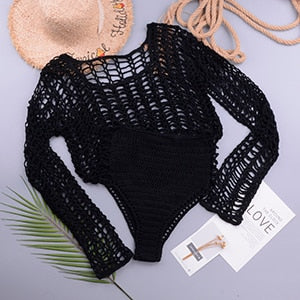 Swimsuit Female Bikini Crochet Beach Split Swimsuit Fishnet Hollow Out Mesh Bikini Cover Up Long Sleeve Boho Beachwear