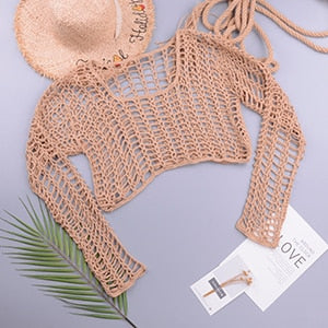 Swimsuit Female Bikini Crochet Beach Split Swimsuit Fishnet Hollow Out Mesh Bikini Cover Up Long Sleeve Boho Beachwear