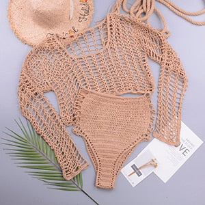 Swimsuit Female Bikini Crochet Beach Split Swimsuit Fishnet Hollow Out Mesh Bikini Cover Up Long Sleeve Boho Beachwear