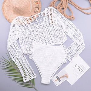 Swimsuit Female Bikini Crochet Beach Split Swimsuit Fishnet Hollow Out Mesh Bikini Cover Up Long Sleeve Boho Beachwear