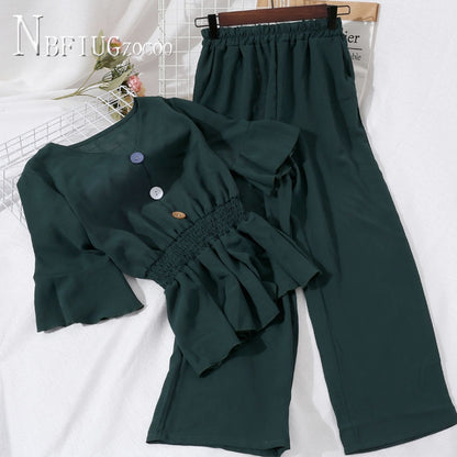 V Neck Elastic Waist Ruffles Hem Blouse And High Waist Slim Wide Leg Pants Women Sets