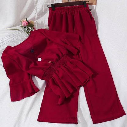 V Neck Elastic Waist Ruffles Hem Blouse And High Waist Slim Wide Leg Pants Women Sets