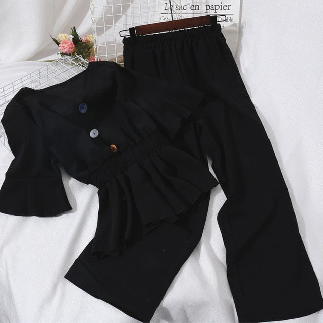 V Neck Elastic Waist Ruffles Hem Blouse And High Waist Slim Wide Leg Pants Women Sets