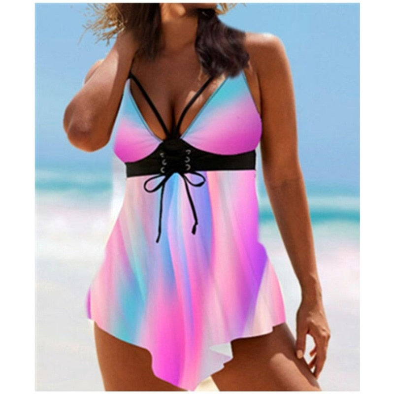 WEPBEL Two Piece Tankini Set Sexy Summer Padded Pleated Bandage Swimsuit Women Push-Up New Beach Bikini Set Split Swimwear Suit