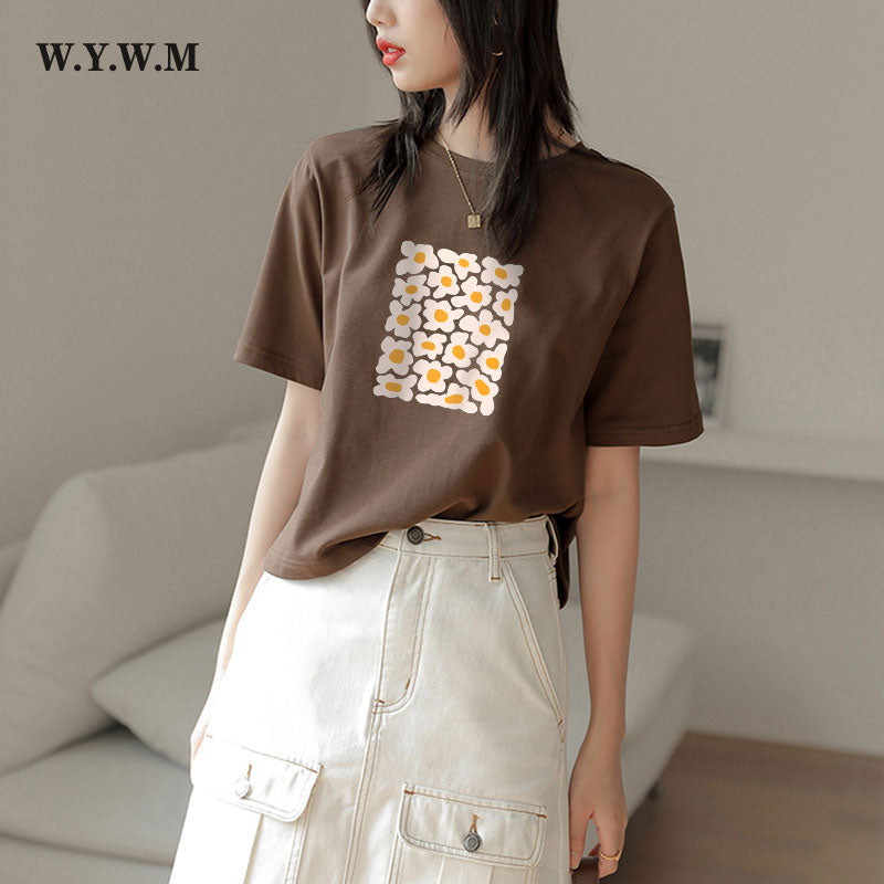 WYWM Summer Floral Printed Woman Tshirts Loose Soft O-neck Graphic Tee Harajuku Casual Streetwear Female Tops Clothes Women